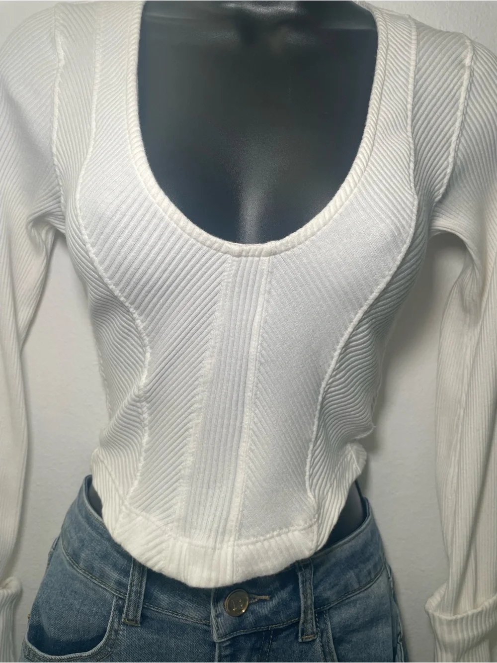 Free People White Ribbed Long Sleeve Crop Top Fitted Size M (RUNS SMALL)